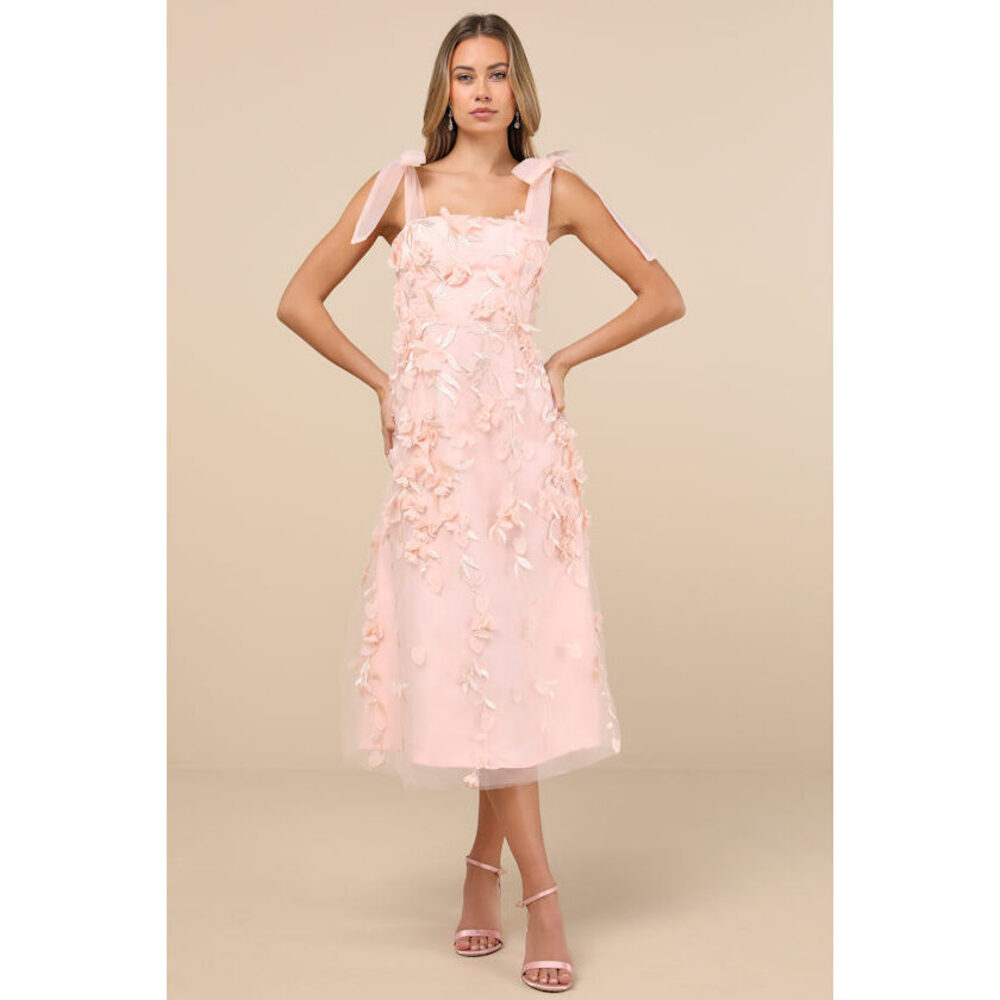 Lulus Effortlessly Sweet Blush Tulle 3d Floral Tie-strap Midi Dress Pink